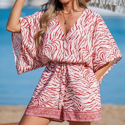 Women's Chic Zebra Print Beach Romper with Drawstring Waist - Cupshe-L-Red | Target