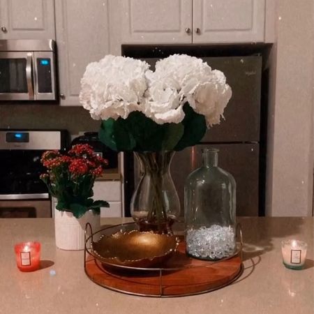 kitchen island decor, center island decor, white faux flowers, candles, gold bowl decor, tray, center piece. ✨ 

#LTKGiftGuide #LTKhome #LTKSeasonal