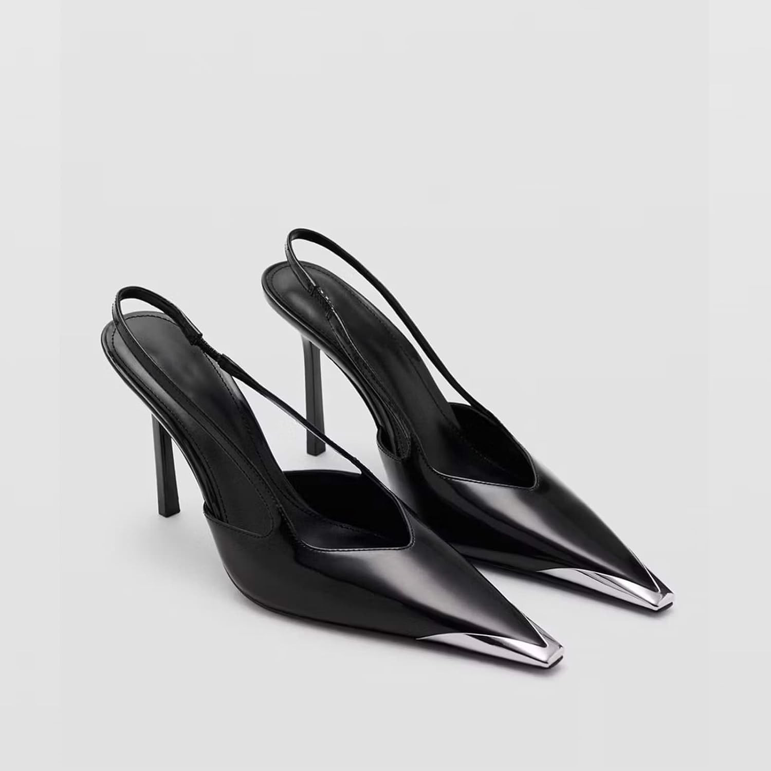 Women's Glossy Patent Faux Leather Slingback Stiletto Pumps, Sharp Pointed Toe Silver Metal Tip Thin Elastic Back Strap Evening Heels | Amazon (US)