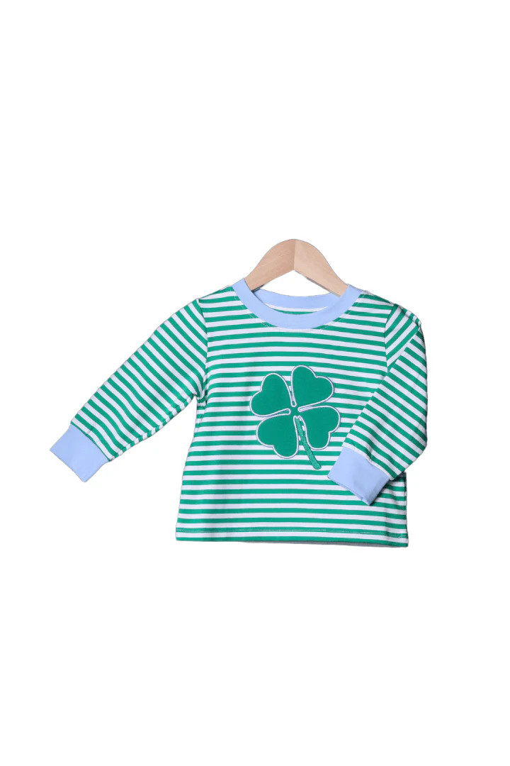 Lucky Clover Applique Green Stripe Shirt | The Smocked Flamingo