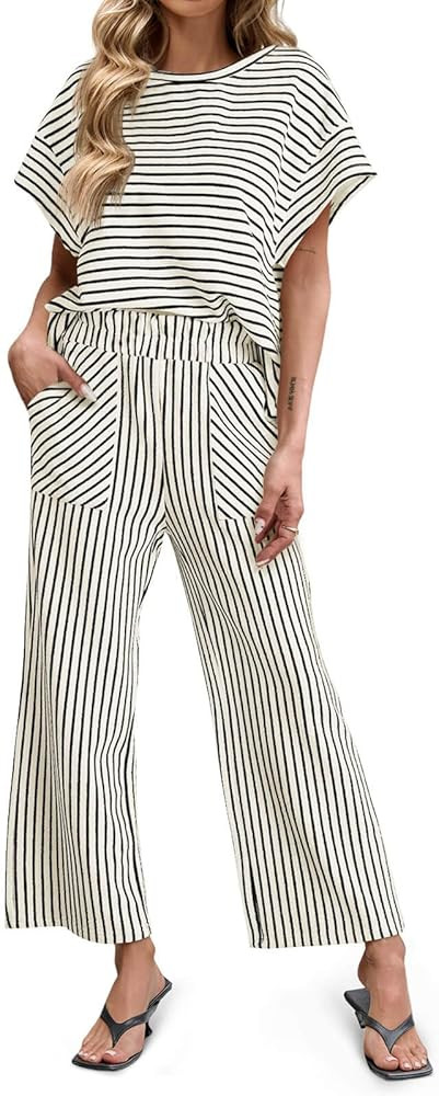 Tankaneo Womens Striped 2 Piece Sets Short Sleeve T Shirts Wide Leg Pants Matching Lounge Set wit... | Amazon (US)