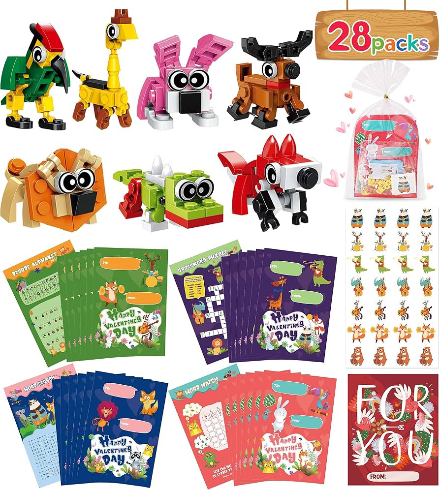 Colplay Valentines Day Gifts for Kids Classroom-28 Packs Animal Building Blocks with Valentines Day Cards for School & Stickers, Class Valentines Gifts for Kids Boys Girls Party Favors Exchange | Amazon (US)