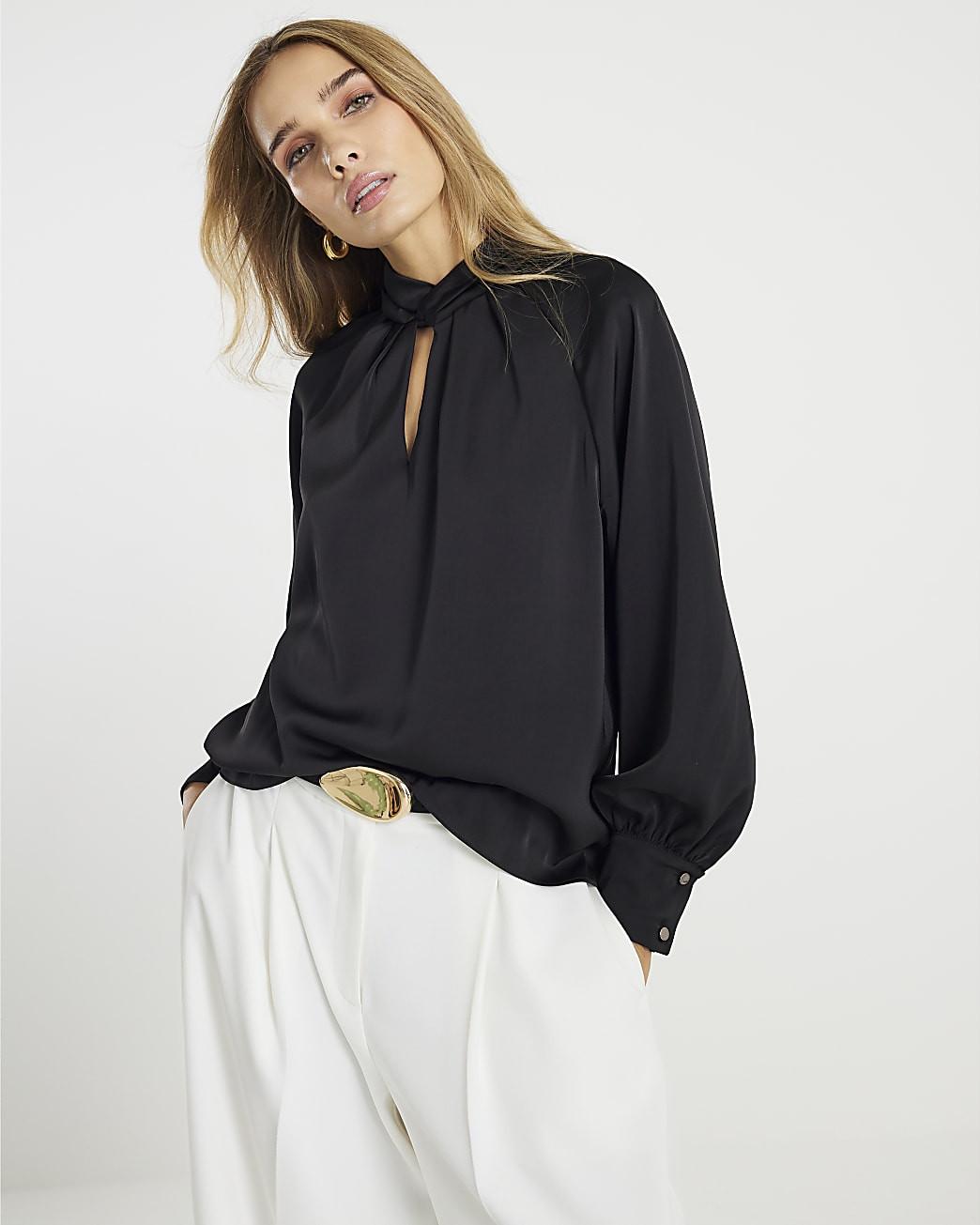 Black Long Sleeve Twist Detail Blouse | River Island UK & IE