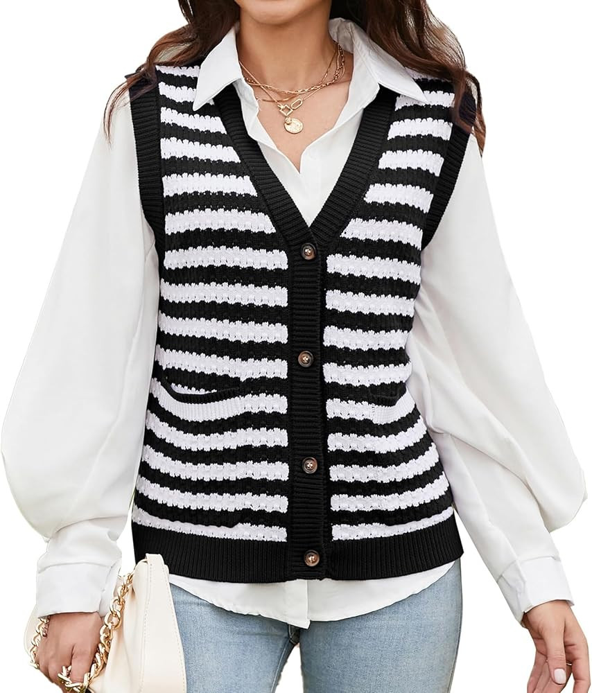 V FOR CITY Womens Sweater Vest Sleeveless Striped Crochet Cardigan Vests Contrast Color Fall Knit... | Amazon (US)