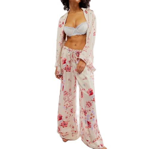 Fenghualzzniya Women Satin Pajama Set Floral Silk Pajamas 2 Piece Lounge Sets Button Down Shirts ... | Amazon (US)