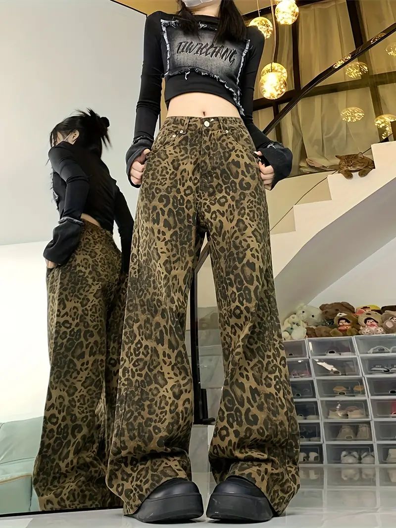 Leopard Print Baggy Jeans for Women - Chic Loose Fit Wide Leg Denim Pants | Temu Affiliate Program