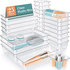 WOWBOX 25 PCS Clear Plastic Drawer Organizer Set, 4 Sizes Desk Drawer Divider Organizers and Stor... | Amazon (US)