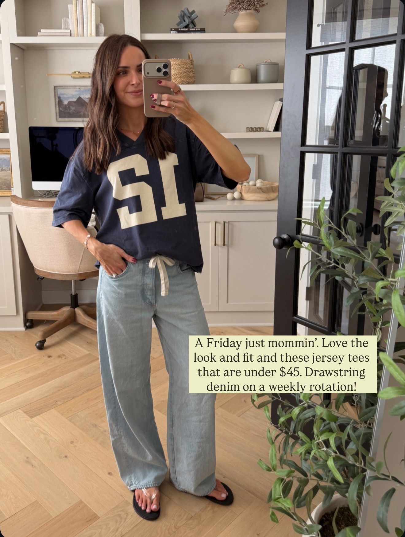 Tee: tts (S) oversized fit
Drawstring jeans: tts, size down if between 
Flip flops: tts 

#LTKSeasonal #LTKootd #LTKmomlife