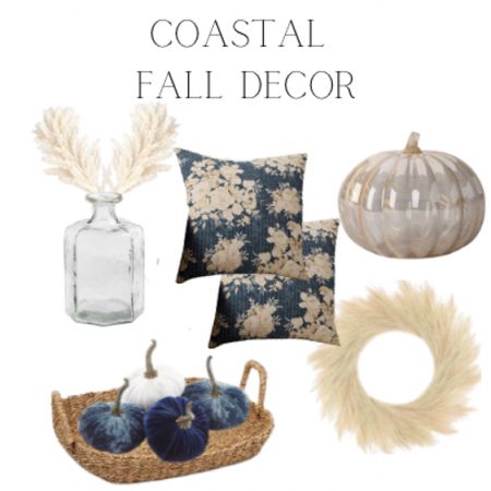 Coastal fall decor blue fall pumpkins and pampas grass coastal fall pillows 