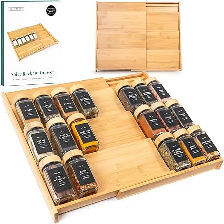 Bamboo Spice Drawer Organizer - Expandable 4 Tier Spice Rack (Need 3" Deep Drawer) 12" to 24" Wide, Seasoning Organizer, Organization Seasoning Rack insert (Jars Not Included) | Amazon (US)