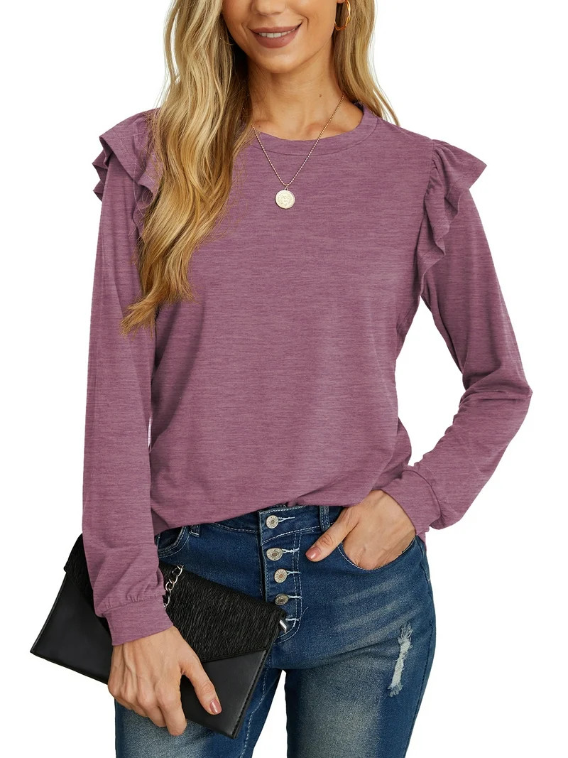 JWD Long Sleeve Shirts for Women Knit Tops Casual Crewneck Ruffle Tops Loose Fit Purple Gray-Medi... | Walmart (US)