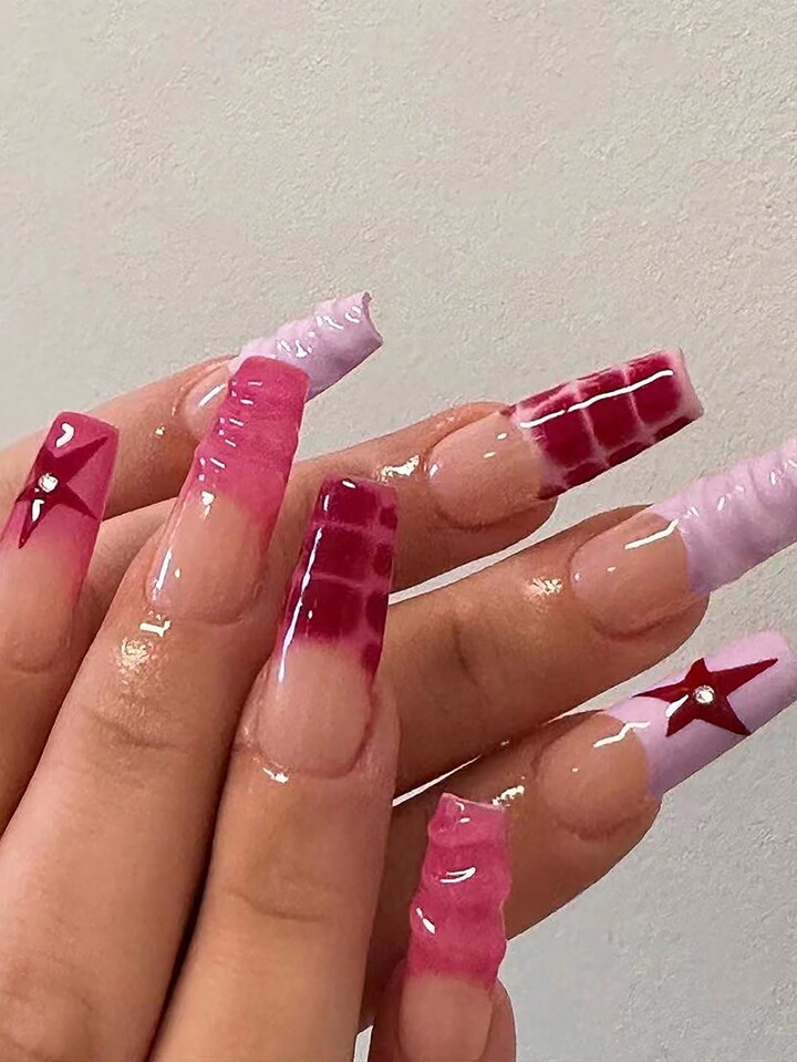 24pcs French Long Ballerina Nails Nail Red Pink Crocodile Pattern Star Press On Nails Acrylic Nai... | SHEIN