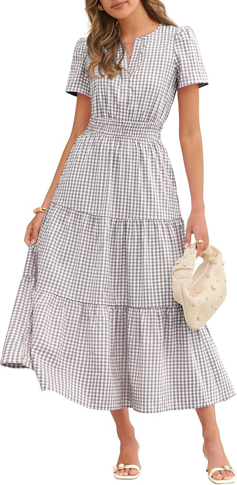 Caracilia Womens Summer Maxi Dresses 2026 Spring Casual V Neck Short Sleeve Gingham Flowy A-Line ... | Amazon (US)