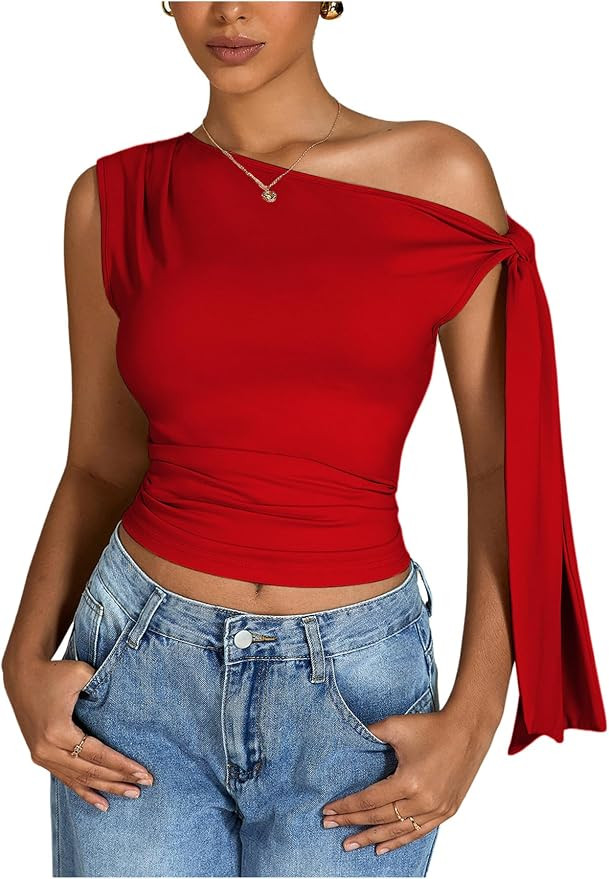 Milumia Women's Ruched One Off The Shoulder Tank Tops Asymmetrical Neck Tie Shoulder Going Out To... | Amazon (US)