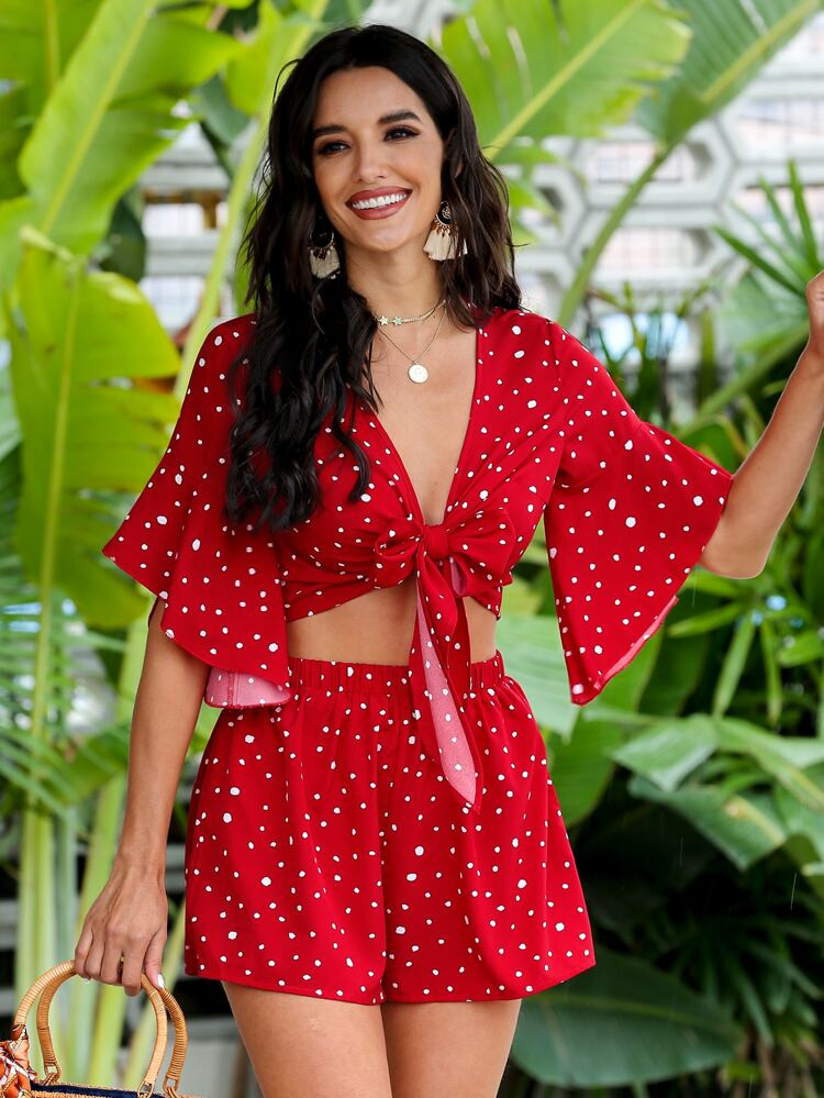 Polka Dot Self-Tie Crop Top & Shorts Set | SHEIN