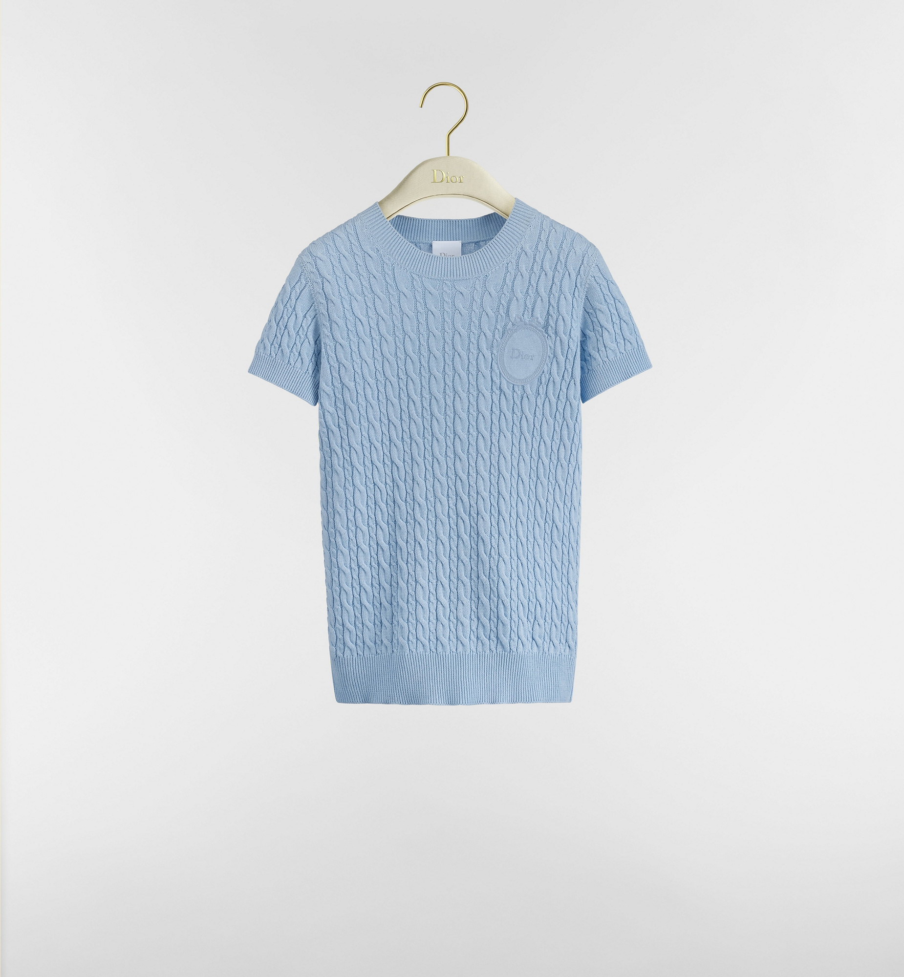 Dior Médaillon Short-Sleeved Sweater Blue Cotton and Wool Cable-Knit | DIOR | Christian Dior Parfums UK