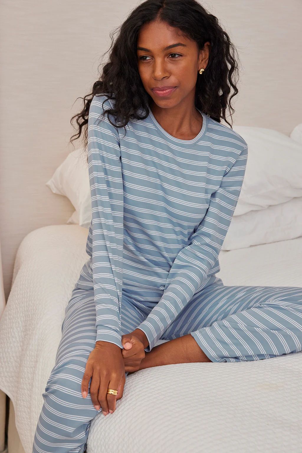 Pima Long-Long Weekend Set in Dusty Blue Stripe | Lake Pajamas