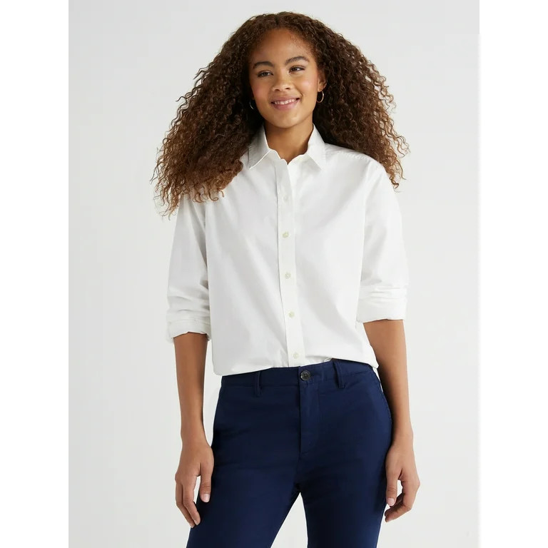 Free Assembly Women’s Cotton Cropped Button Down Shirt with Long Sleeves, Sizes XS-XXL - Walmar... | Walmart (US)