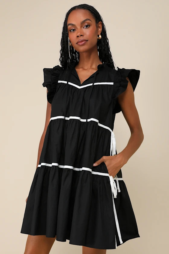 Most Adorable Black & White Ruffled Babydoll Dress With Pockets | Lulus