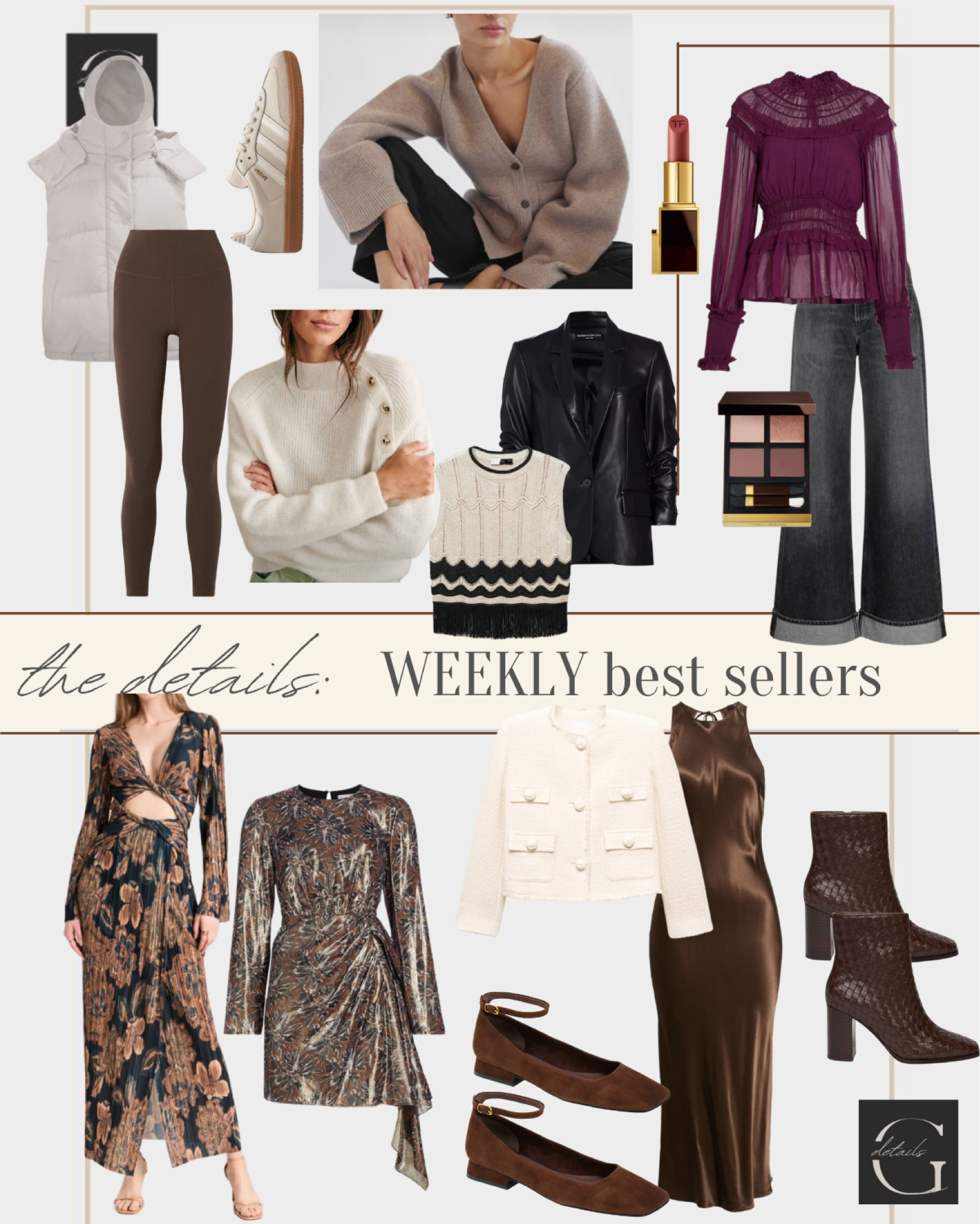 Weekly best sellers 
Lululemon 
Holiday dress
Travel outfit
Brown boot
Leather blazer
Fall makeup
Satin dress 
Holiday top



#LTKCyberWeek #LTKparties #LTKHoliday