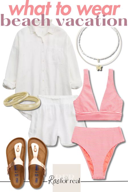 What to wear for a beach vacation -  here’s a great outfit idea for the beach or poolside that will take you straight to lunch. On sale right now!

Resort wear, vacation outfit, travel, pearl necklace, layered necklace, bracelet, stack, summer outfit, spring outfit, Birkenstock, slides, bathing, suit, swimsuit, cover-up, gaze fabric, matching set. 

#LTKtravel #LTKswim #LTKsalealert