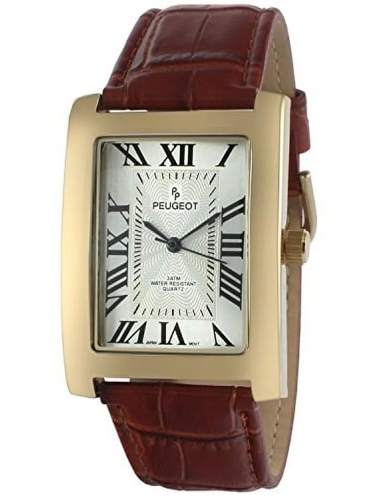 Peugeot Men's Vintage Rectangular 14K Gold Plated Brown Leather Strap Watch | Walmart (US)