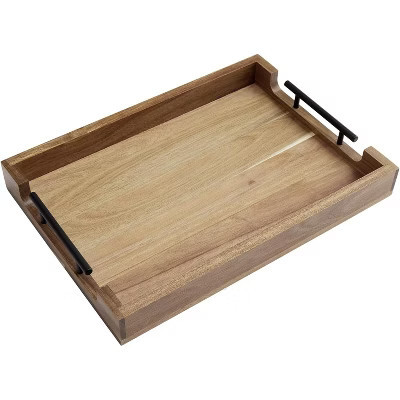 Acacia Serving Tray with Metal Handles, 17 in Wood Serving Tray for Coffee Bar, Serving Tray Toiletry Platter, Storage Tray for Kitchen Bedroom | Target