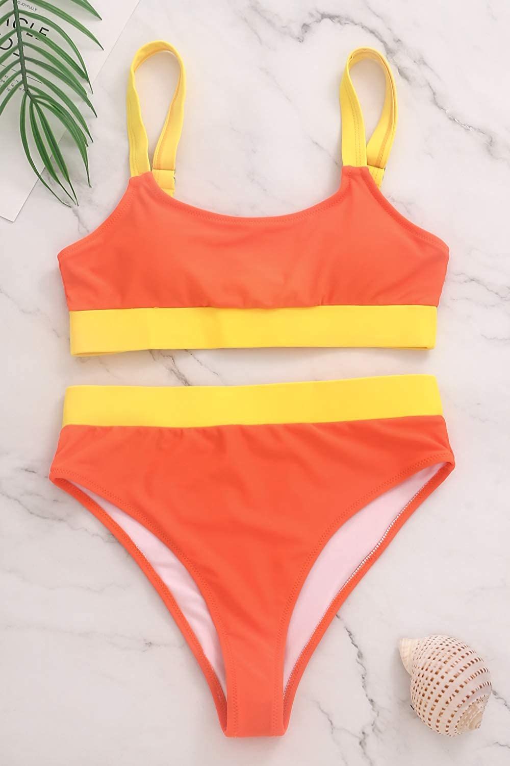 ZINPRETTY Women High Waisted Bikini Set Sports Color Block Swimsuit Scoop Neck Cheeky Bathing Sui... | Amazon (US)