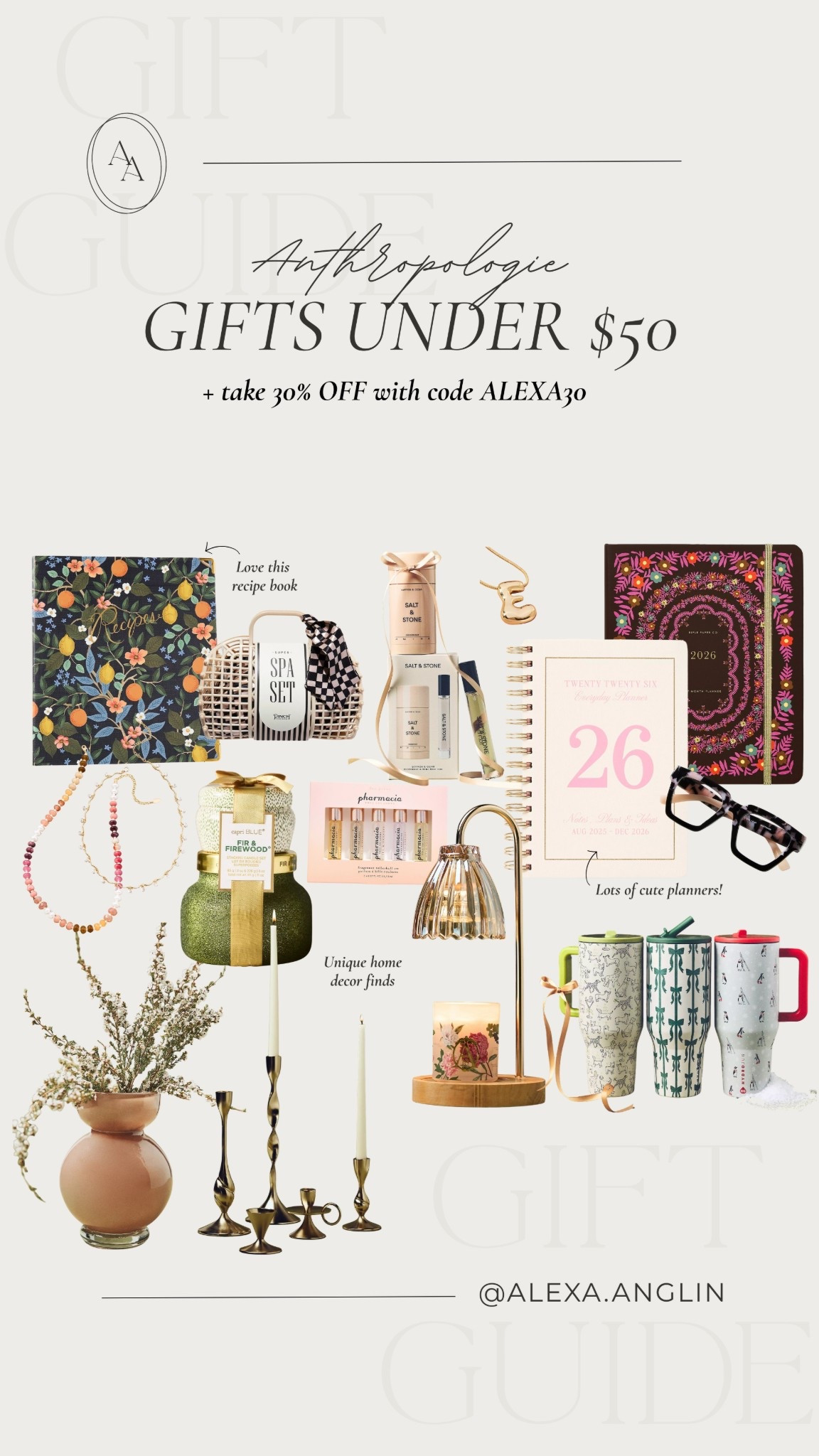 Gift ideas under $50! Plus, take 30% off with my code ALEXA30 now thru Sunday (11.23). Lots of great gift ideas at Anthropologie if you’re shopping  for stocking stuffers, teachers, coworkers, etc! // holiday gift guide 

#LTKSaleAlert #LTKHoliday #LTKGiftGuide