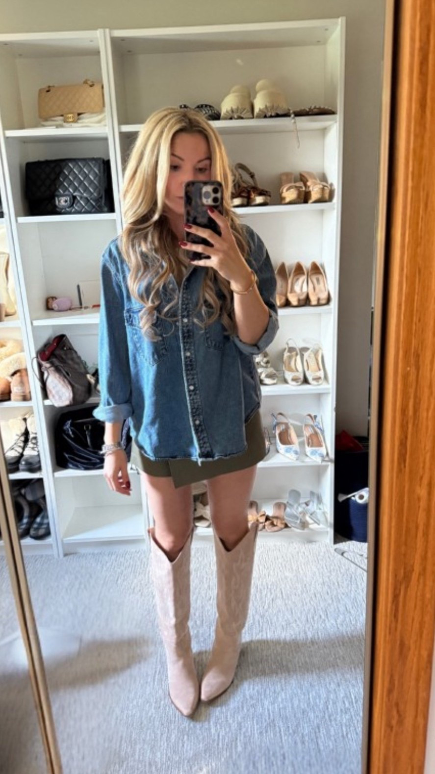Denim shirt olive green skirt skort western boots cowgirl boots country concert ootd date night outfit 

#LTKFindsUnder50 #LTKStyleTip #LTKFindsUnder100