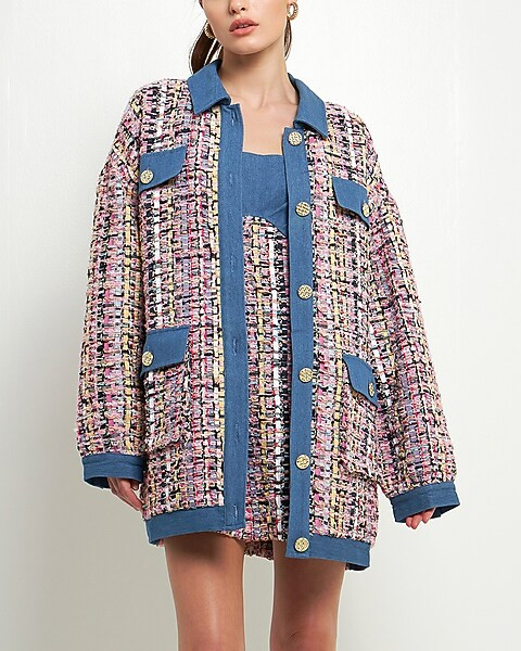 Endless Rose Tweed & Denim Combo Oversized Jacket | Express