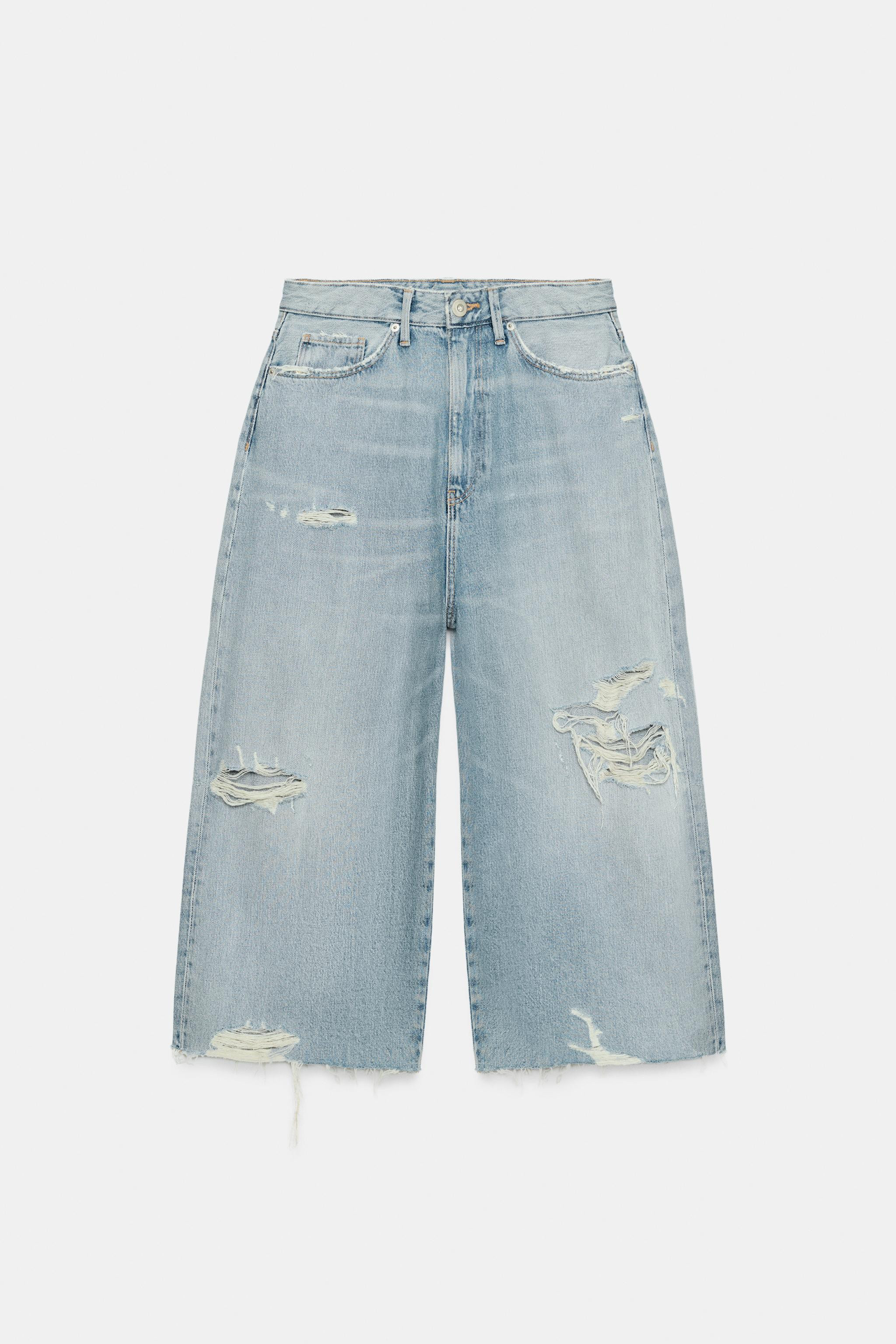TRF RIPPED MID-RISE DENIM JORTS | Zara US