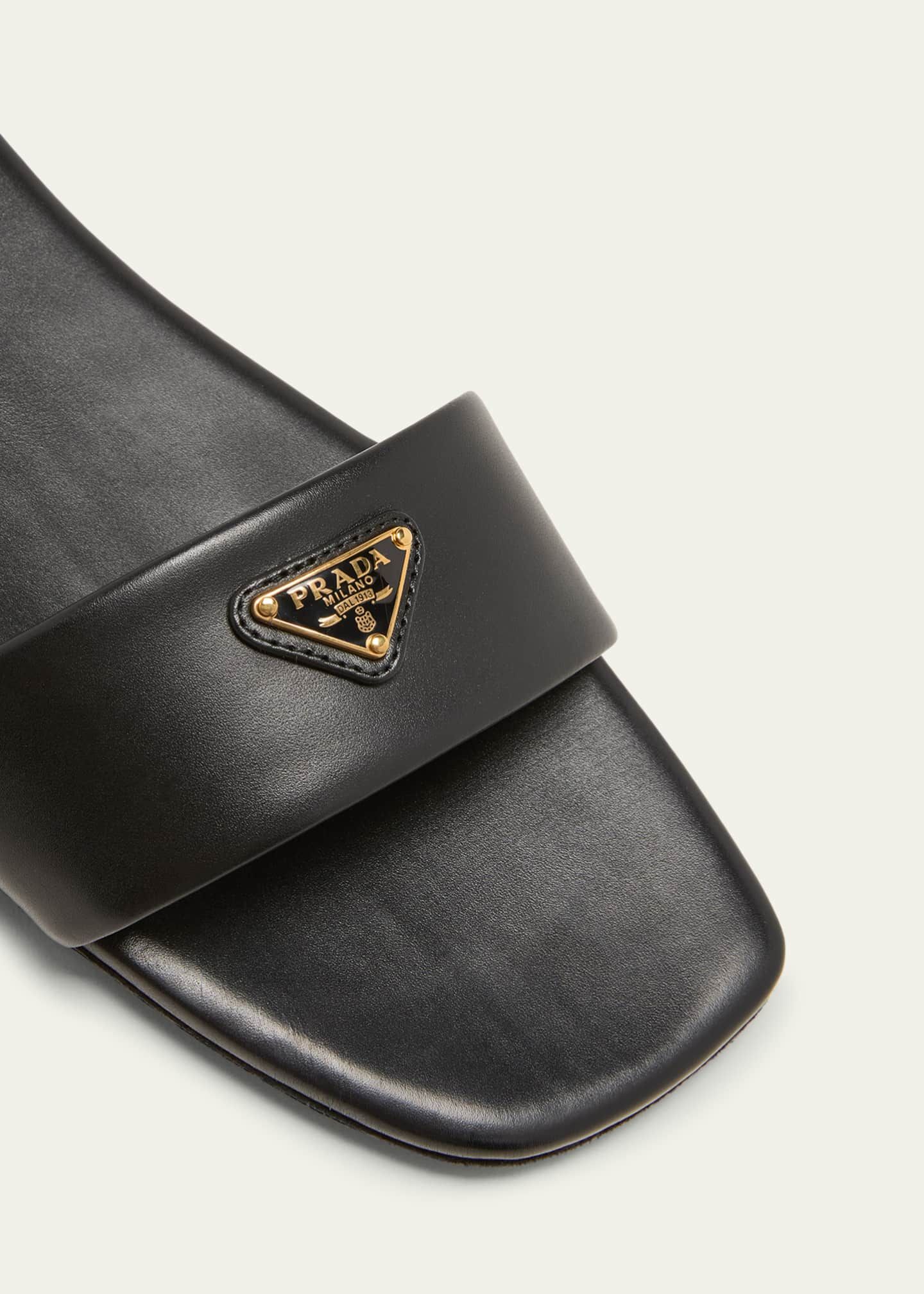 Prada Leather Logo Flat Slide Sandals | Bergdorf Goodman