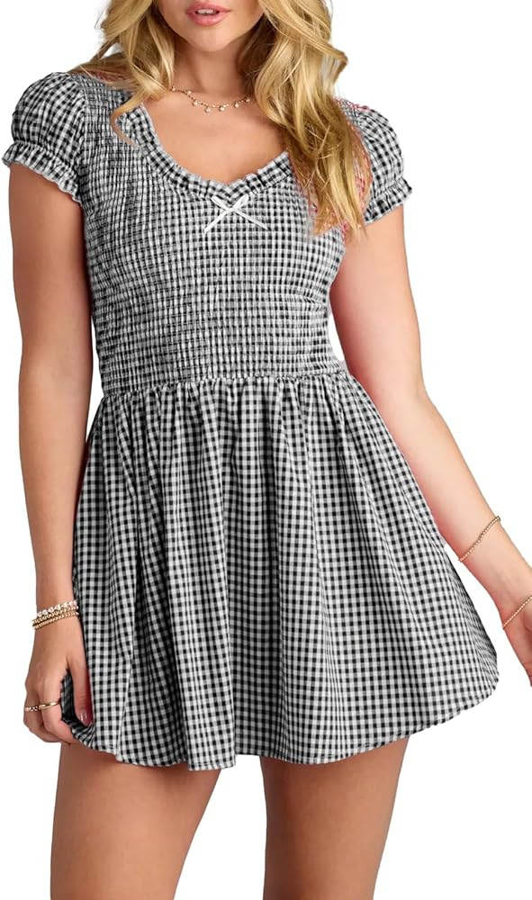 Womens Gingham Mini Dress V Neck Puff Sleeve Smocked Plaid Short Dress | Amazon (US)