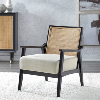 Lifestorey Hannah Solid Wood Cane Back Accent Chair Black/Beige: Mid-Century Cane Back, Rubberwood, Linen Fabric | Target