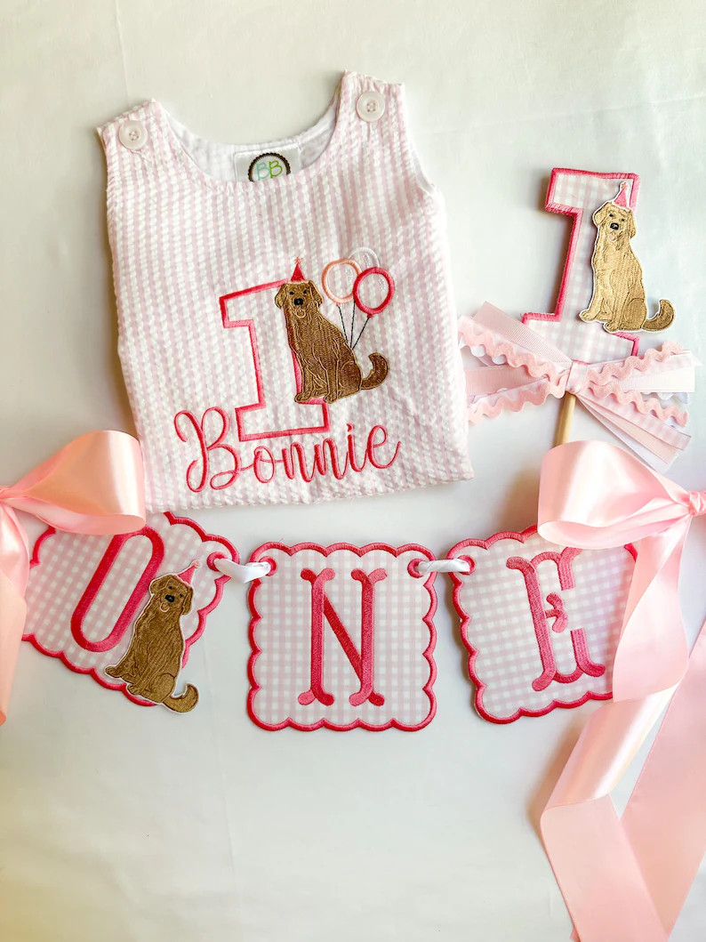 ONE Golden Year First Birthday Bundle – Puppy Dog Pink Gingham Theme for Girls - Puppy Dog Firs... | Etsy (US)