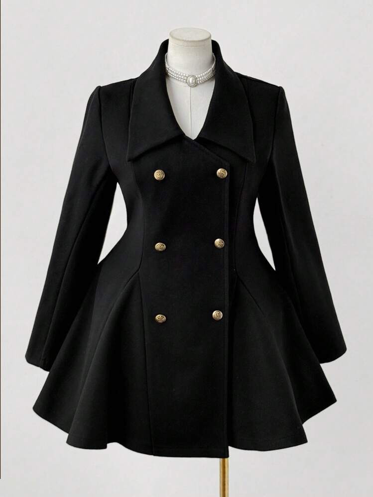 Sunspun Women's Solid Color Lapel Double-Breasted Long Sleeve Coat, Autumn/Winter Fall Cloth For Women | SHEIN