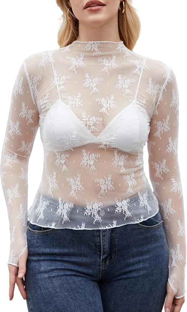PAODIKUAI Women's Lace Long Sleeve Top Mesh Shirt Mock Neck Lace Layering Top Sexy See Through Fl... | Amazon (US)