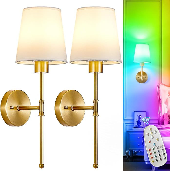 Depuley Battery Operated Wall Sconce: Set of 2 19.99" Wireless Wall Lights with Remote for Bedroom - Rechargeable 15 Colors Gold Wall Lamp for Living Room Hallway Decor | Amazon (US)