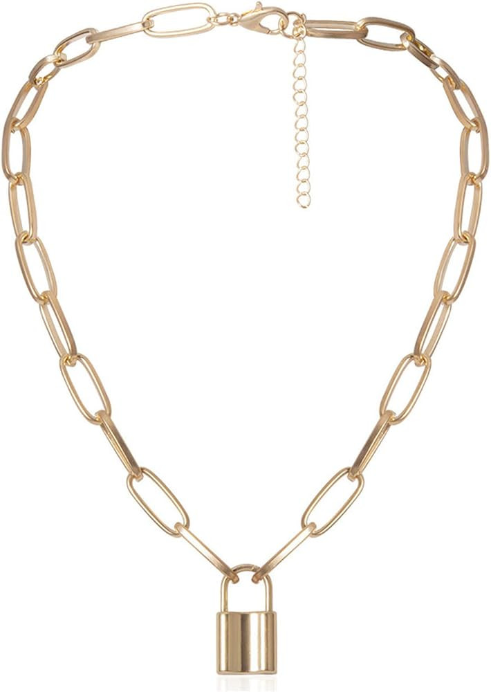 YL Lock Necklace 18K Gold Alloy Padlock Chain Men Women Statement Punk Choker Jewelry | Amazon (US)