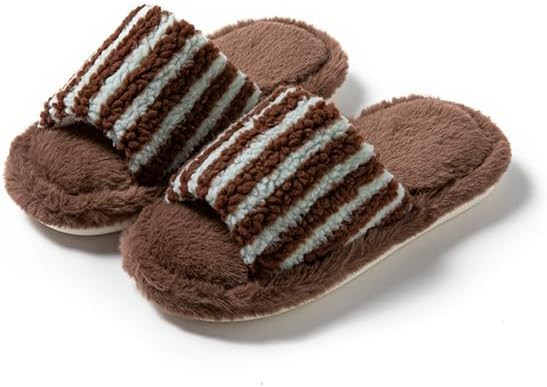 Cute Stripe Warm Slippers Cozy Soft Winter Indoor Slippers Sandals Slides for Women Men | Amazon (US)