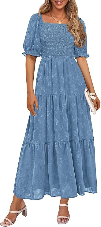 PRETTYGARDEN Women's 2026 Summer Casual Midi Dresses Square Neck Short Sleeve Smocked A Line Flor... | Amazon (US)
