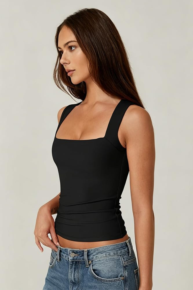 QINSEN Women's Square Neck Sleeveless Double-Layer Tank Tops Basic Tight T Shirts | Amazon (US)