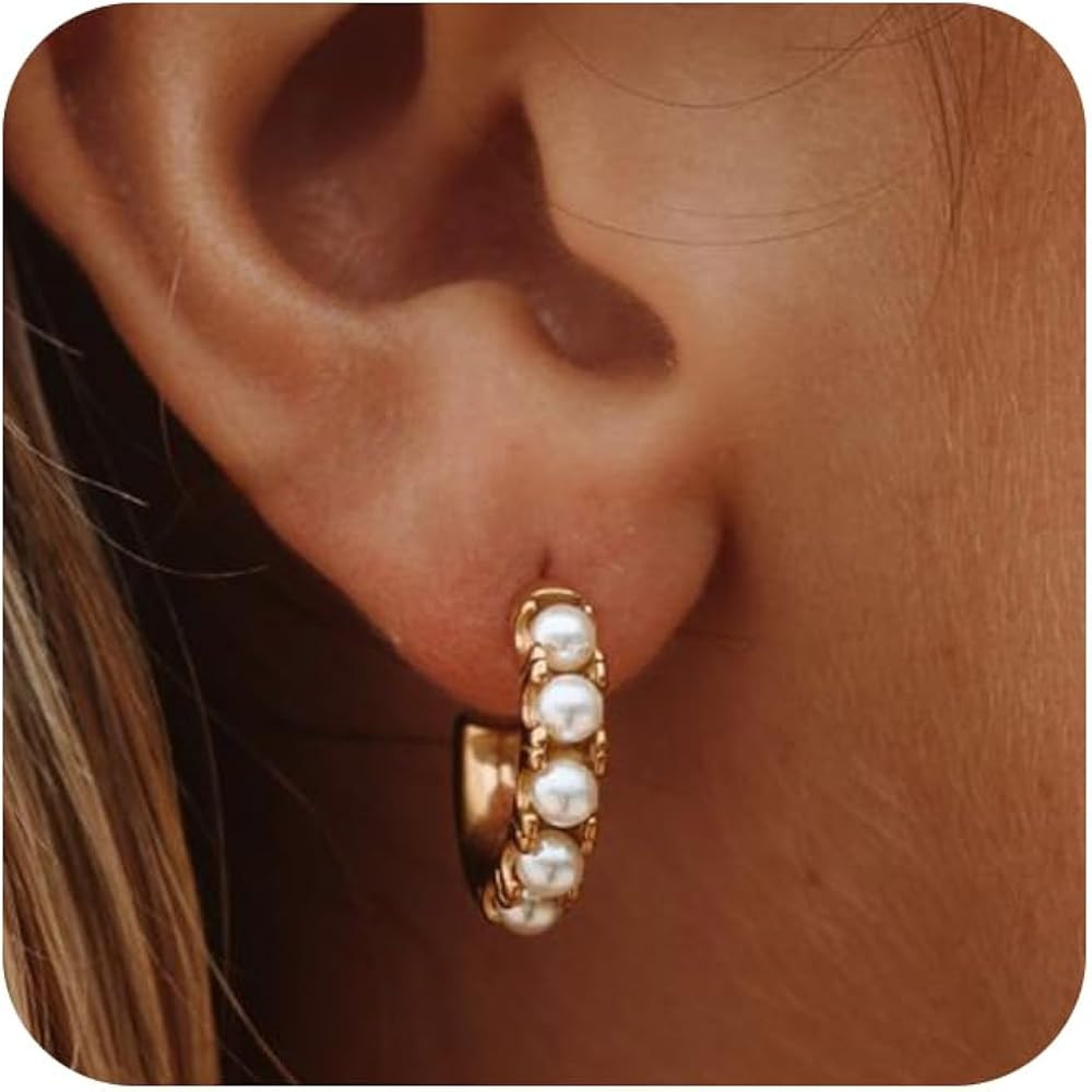 CHESKY Pearl Hoop Earrings for Women, Trendy 14k Gold Plated Hoop Earrings Chunky Pearl Drop Earr... | Amazon (US)