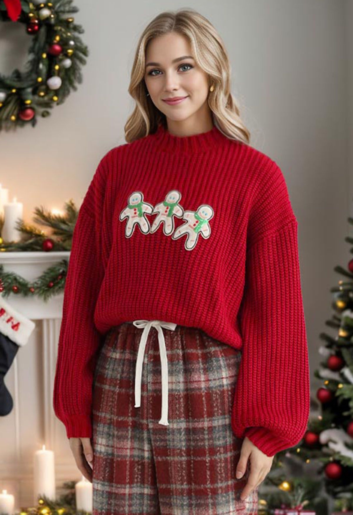Gingerbread Man Patch Ribbed Sweater in Red | Chicwish