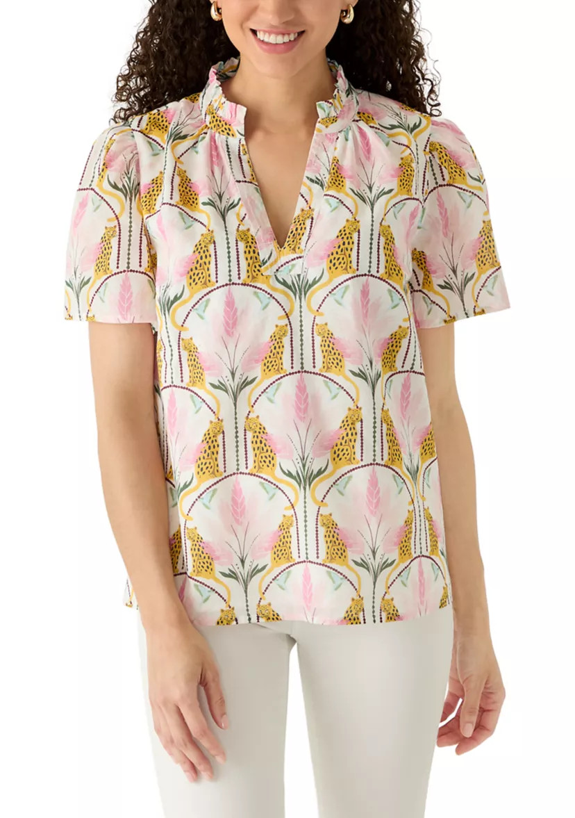 Petite Short Sleeve Peasant V-Neck Top | Belk