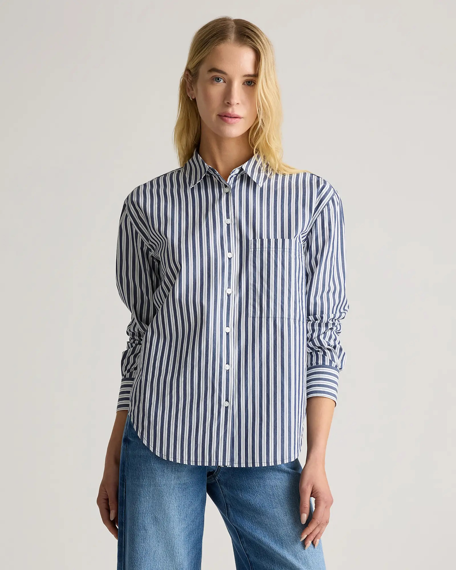 100% Organic Cotton Poplin Long Sleeve Boyfriend Shirt in Hudson Stripe | Quince