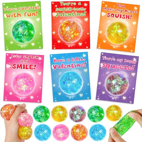 24 Pack Valentines Day Gifts for Kids Classroom Stress Balls with Valentines Cards for Kids School, Stress Relief Squeeze Toys Valentines for Class Party Favors for Boys Girls Classroom Exchange Gift | Amazon (US)