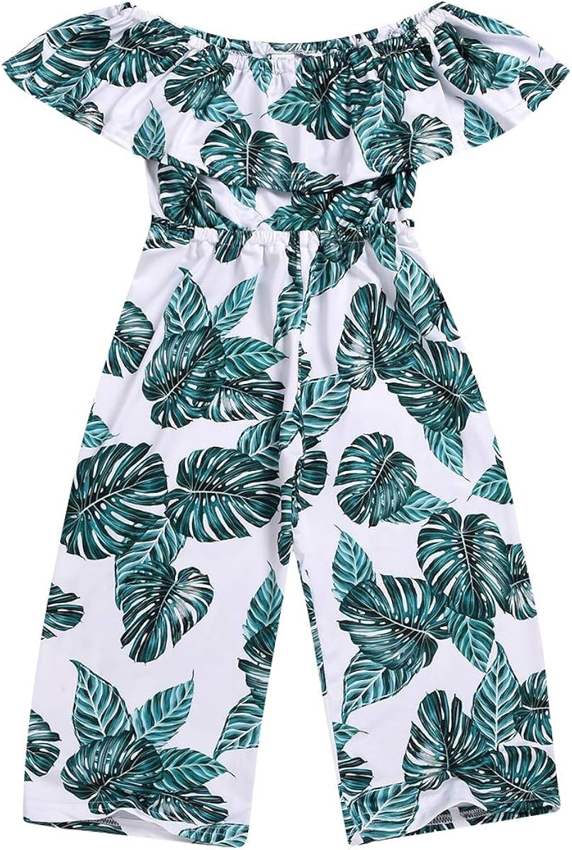 BOEBNOZCV Toddler Kids Girls Palm Leaf Wide Leg Jumpsuit Ruffle Off-Shoulder Romper Overalls Hawa... | Amazon (US)