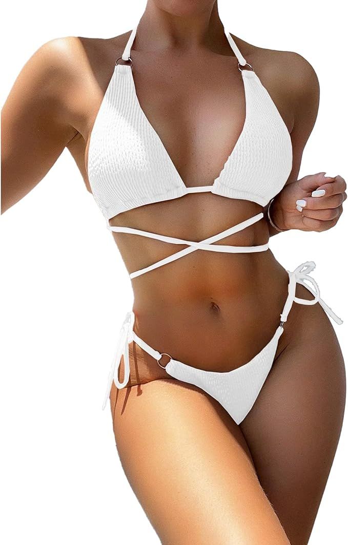 HISAGUHE Women Sexy Rope Around Bikini Sets Two Piece Swimsuit Fashion Bikini Metal Ring Bathing ... | Amazon (US)